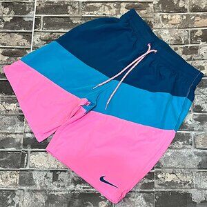 Nike Colorblock Swim Trunks Board Shorts Pink Teal Navy Men's Medium